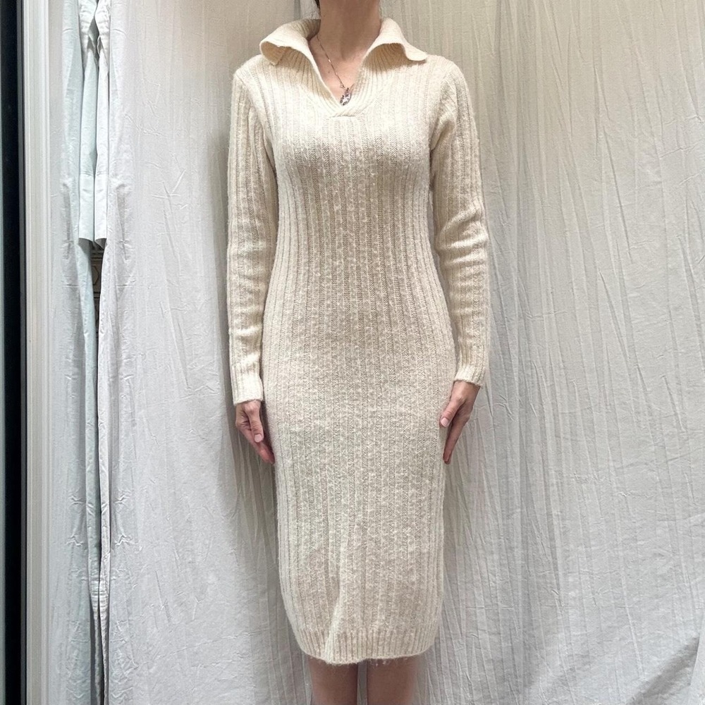 Boohoo Cream White Knit Wool Blend Bodycon Sweater Dress Size Small Snowbunny
